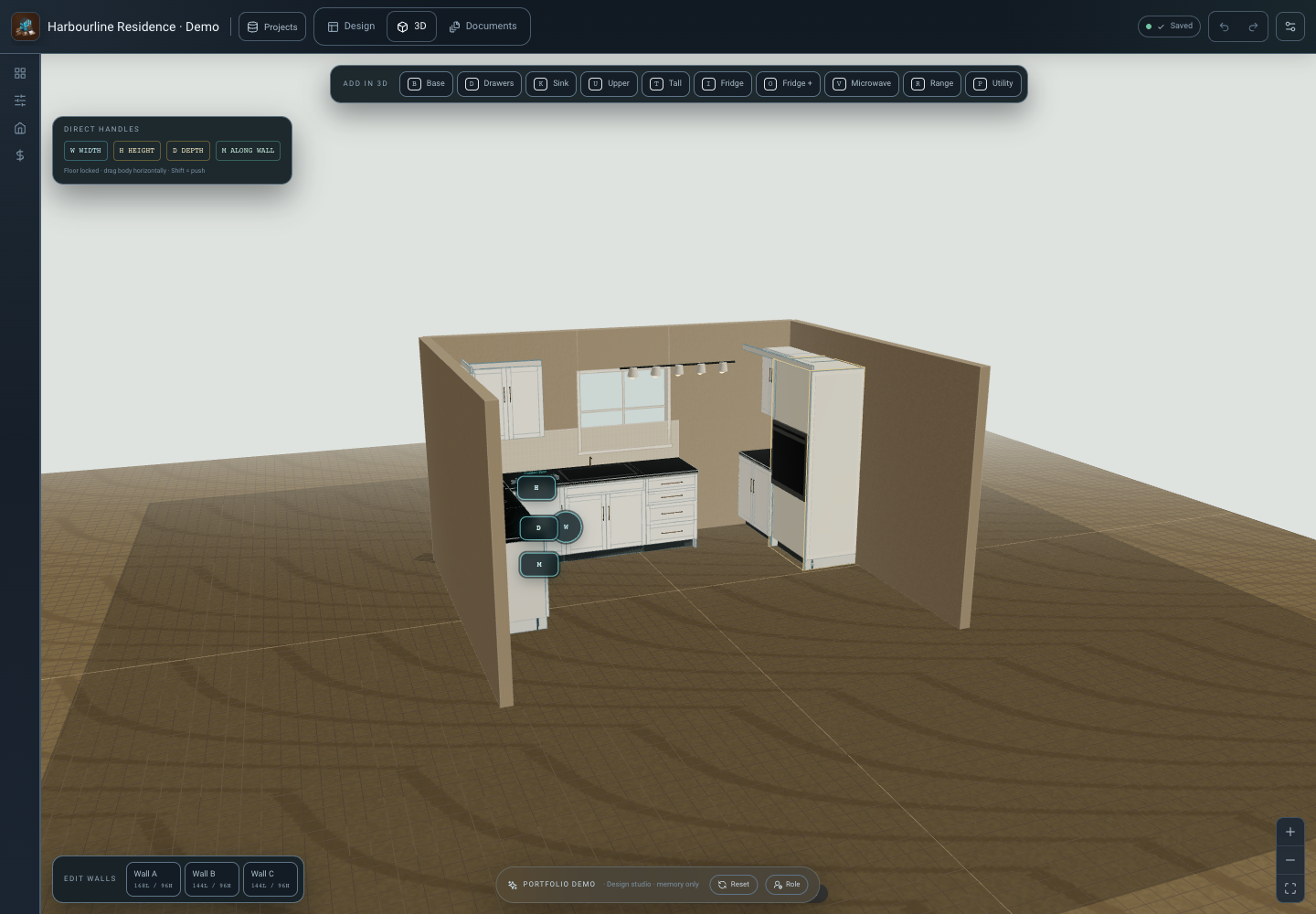 Three-dimensional cabinet and room planning environment